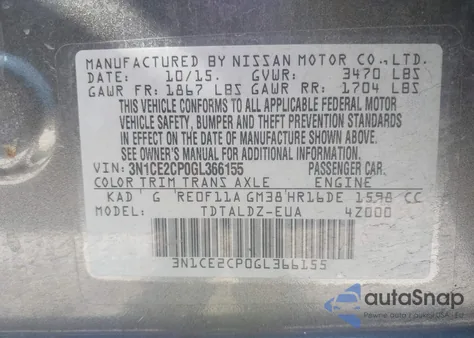 2016 Nissan Versa Note Sv z USA, uszkodzony, nr VIN 3N1CE2CP0GL366155
